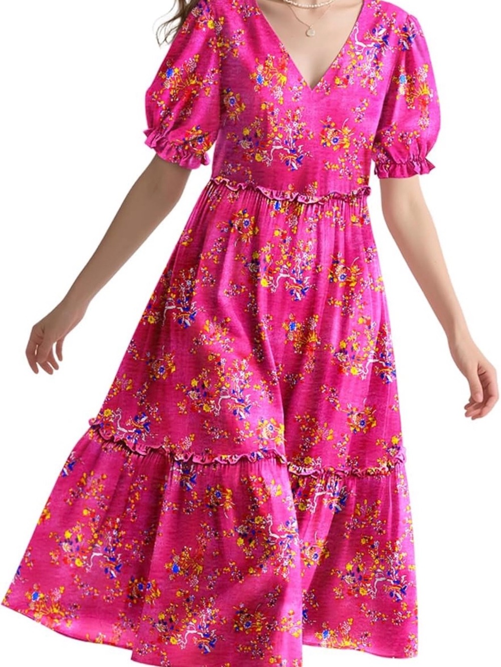 NWT Bright Fuchsia Floral Maxi Dress with V-Neck Boho Puff Sleeve, Small